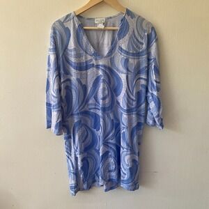 Sun Moda Tunic Top Womens Small V-neck Blue Tropical 3/4 Sleeves Made in USA